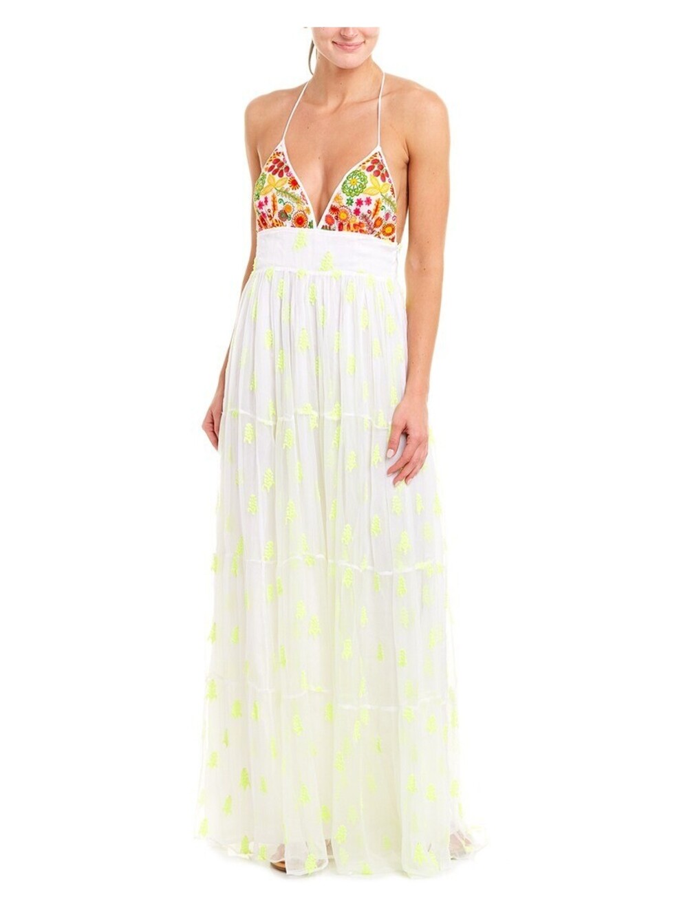 Tessora Lucia Embroidered Halter Maxi Dress White Neon Yellow Boho Resort Small